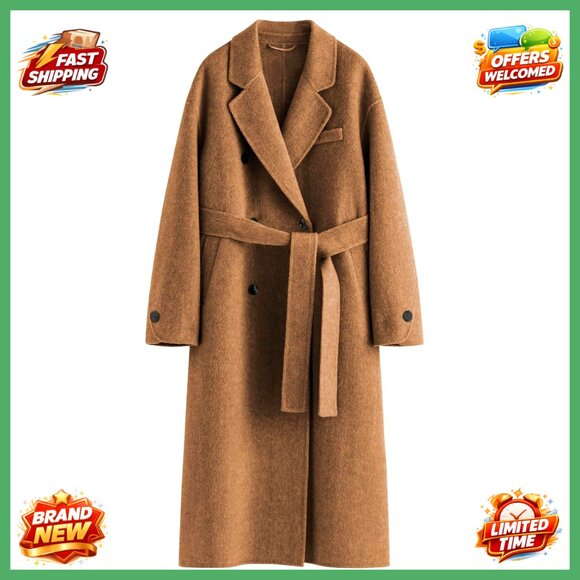 Womens Long Wool Pea Coat Double Breasted Belted Trench Coat Winter Warm